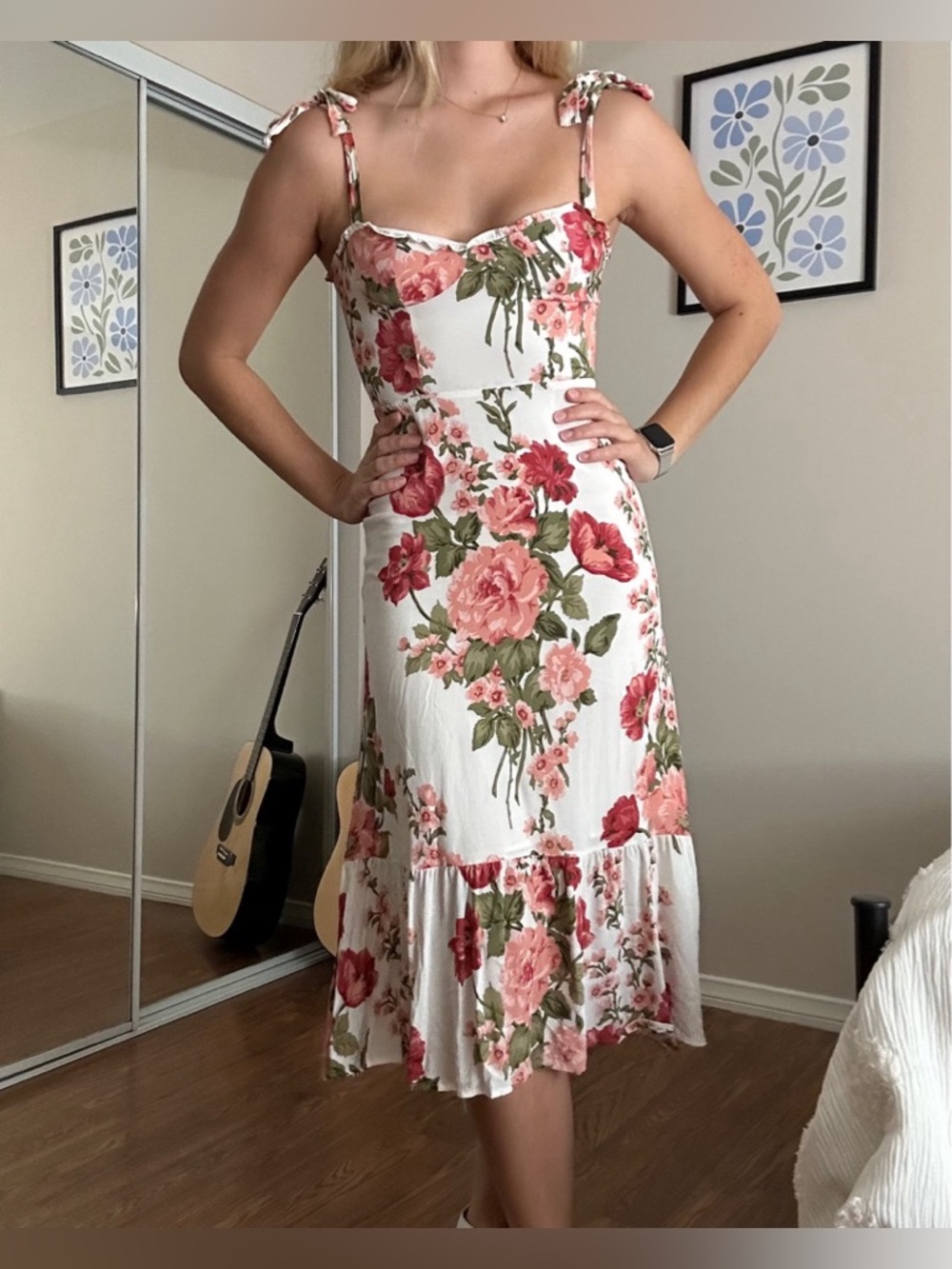 Reformation White Floral Midi Dress with Pink & Green Print